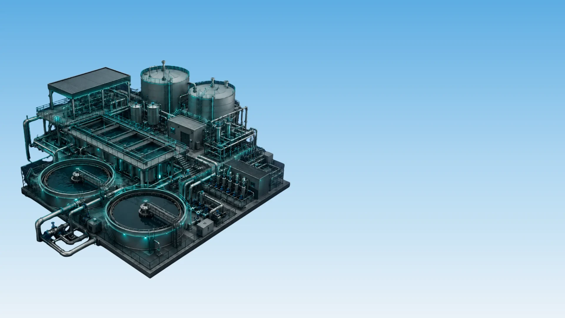 Isometric render of a wastewater treatment plant with glowing teal piping and tanks on a light blue gradient background